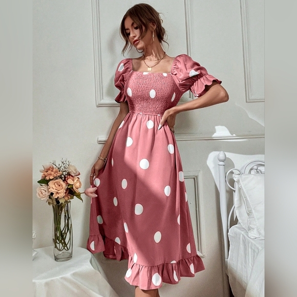 Frenchy Polka Dot Print Square Neck Puff Sleeve Ruffle Hem Dress - Picture 4 of 4
